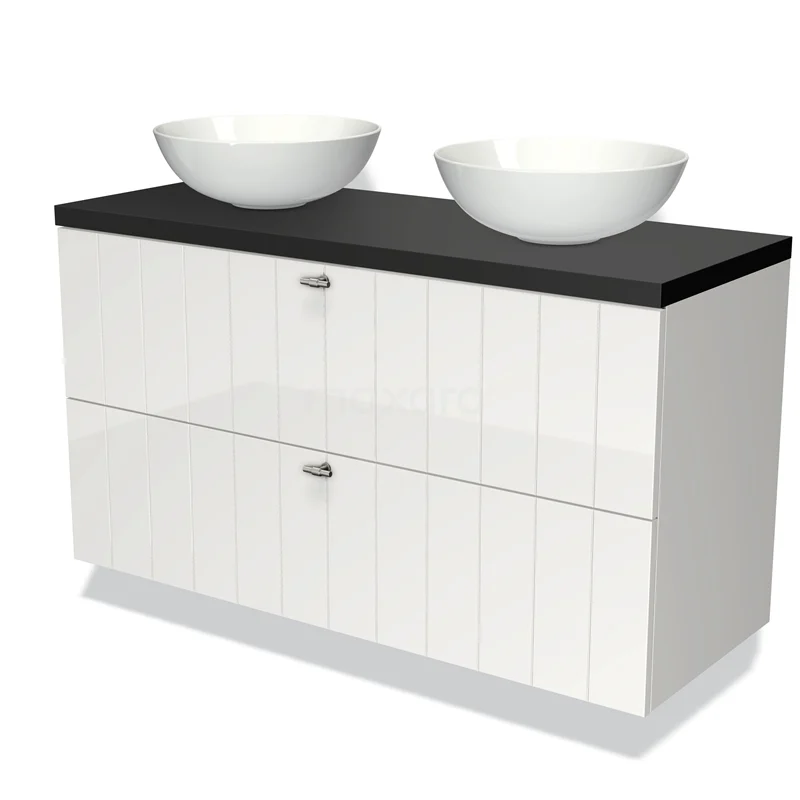 Badmöbel für Waschtischunterschrank mit Konsole 120cm Modulo Plato Hochglanz Weiß 2 Schubladen Flush Matt Schwarz Platte BMK17-00571 Weiße Badmöbelset mit zwei Aufsatzwaschbecken, schwarzer Platte und Hochglanzoberfläche, ideal für moderne Bäder.