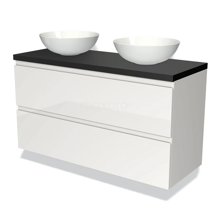 Badmöbel für Aufsatzwaschbecken 120cm Modulo Plato Hochglanz Weiß 2 Schubladen Grifflos Matt Schwarz Platte BMK17-00572 Weißes Hochglanz-Badmöbel mit schwarzer Platte und doppelten runden Waschbecken, modernes Design.