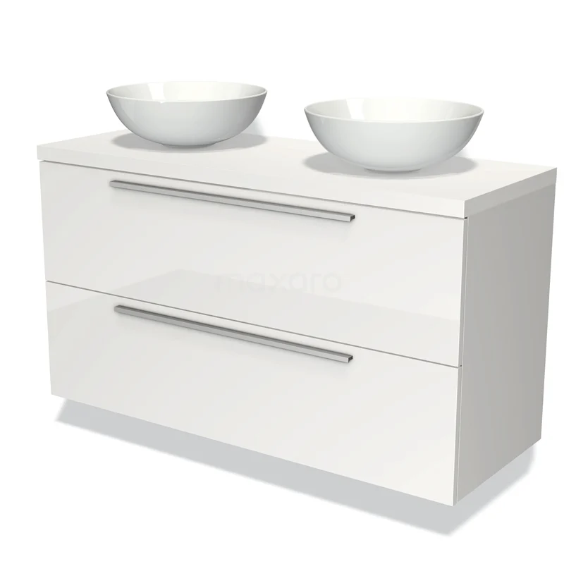 Witte badkamerkast met twee waskommen, moderne hoogglans afwerking en strakke metalen handgrepen voor stijlvolle uitstraling.