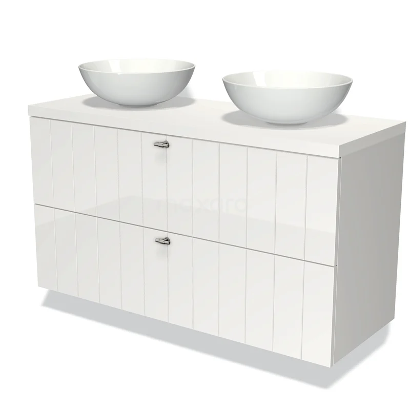 Wit wastafelmeubel met twee ronde waskommen, hoogglans afwerking en dubbele lades, perfect voor een moderne badkamer.