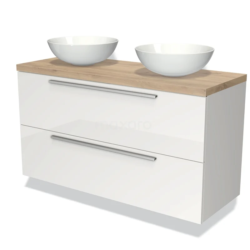 Badmöbel für Waschtischunterschrank mit Konsole 120cm Modulo Plato Hochglanz Weiß 2 Schubladen Flach hellbraune Eiche Platte BMK17-00591 Doppelte weiße Waschbeckenunterschrank mit Holzlook Platte, runden Aufsatzwaschbecken und integrierten Schubladen, ideal für das moderne Badezimmer.