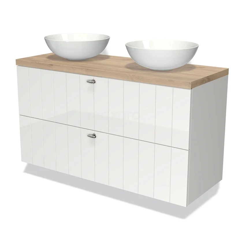 Badmöbel für Aufsatzwaschbecken 120cm Modulo Plato Hochglanz Weiß 2 Schubladen Lamelle Hellbraune Eiche Platte BMK17-00592 Weißes hängendes Badmöbel mit Holzlook Platte, doppeltem Aufsatzwaschbecken und zwei Schubladen; modernes Design für ein stilvolles Badezimmer.