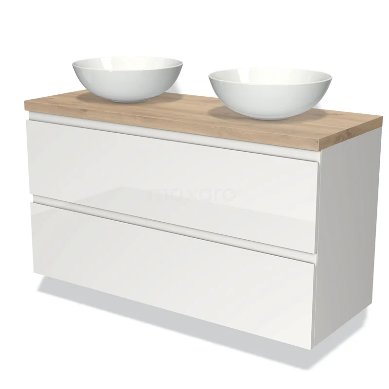 Badmöbel für Aufsatzwaschbecken 120cm Modulo Plato Hochglanz Weiß 2 Schubladen Grifflos Hellbraune Eiche Platte BMK17-00593 Weiße Doppelwaschbeckenmöbel mit Holzlook Platte, zwei runden Aufsatzwaschbecken und Softclose Schubladen, ideal für moderne Bäder.