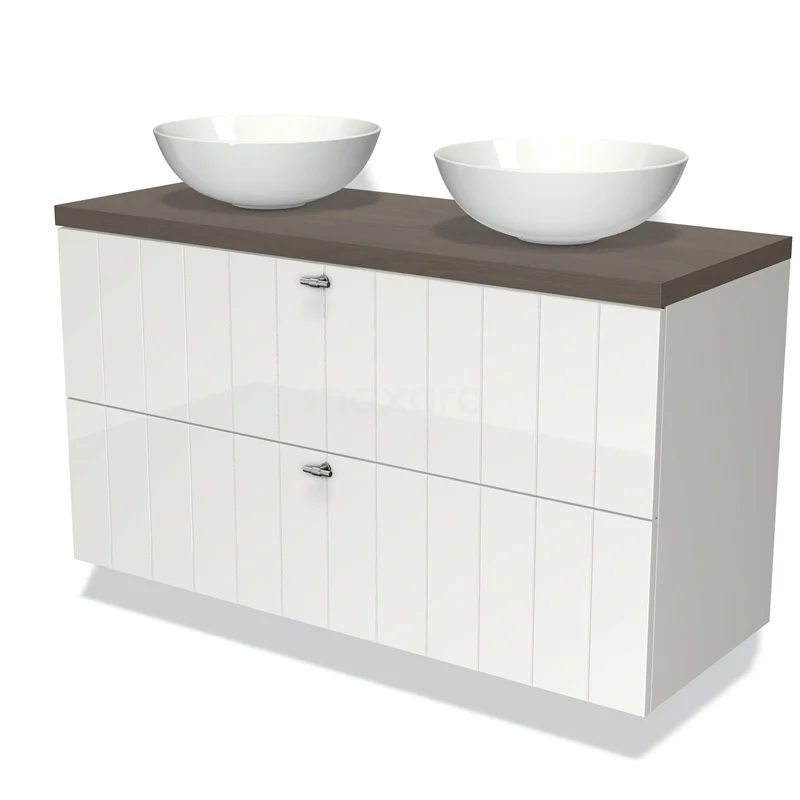 Badmöbel für Waschtischunterschrank mit Konsole 120cm Modulo Plato Hochglanz Weiß 2 Schubladen Lamelle dunkelbraune Eiche Platte BMK17-00598 Weißes Badmöbel mit zwei runden Aufsatzwaschbecken, Holzlook Platte und moderner Verarbeitung, perfekt für eine stilvolle Badezimmer Einrichtung.