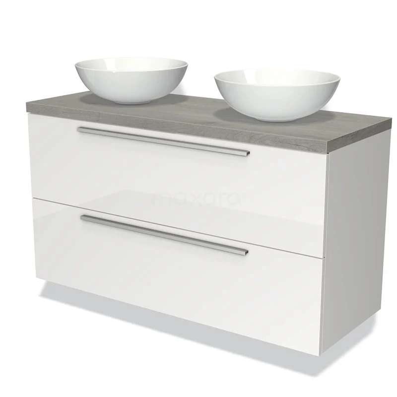 Waschtischunterschrank mit Konsole 120cm Modulo Plato Hochglanz Weiß 2 Schubladen Flach Graue Eiche Platte BMK17-00600 Weißes Hochglanz-Badmöbel mit Betongrau Platte, doppelten Aufsatzwaschbecken und metallischen Griffen, modernes und räumliches Design.
