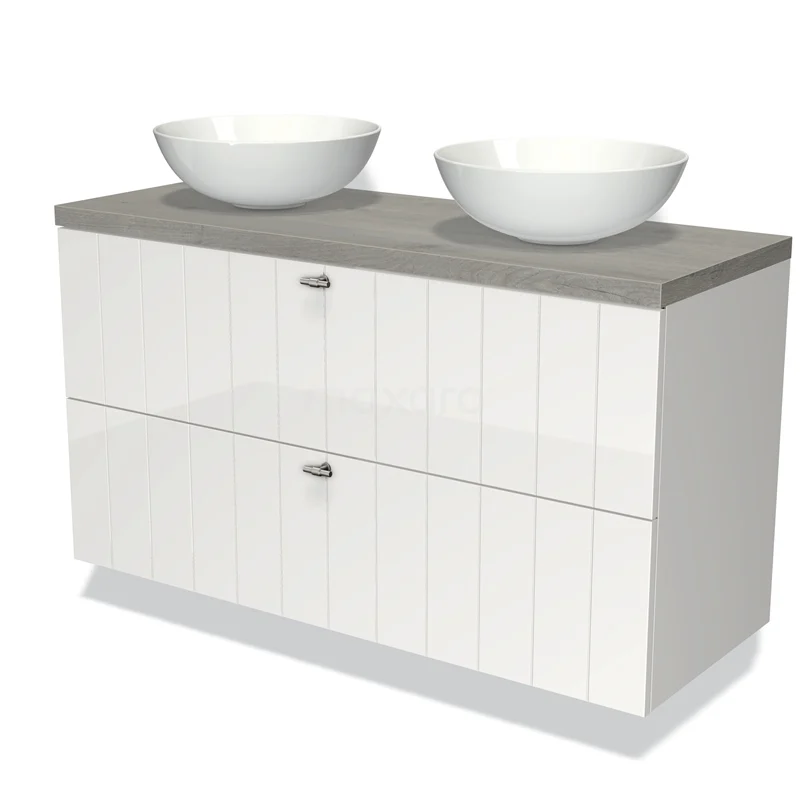 Wit badkamermeubel met twee ronde wastafels, houtlook blad en greeploze lades, modern design.