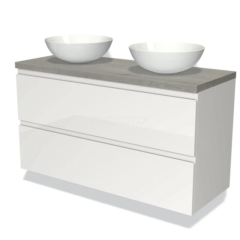 Modulo Plato Vanity units for countertop basin | 120 cm High-gloss white Handle-less front Grey oak worktop 2 Stacked drawers BMK17-00602
