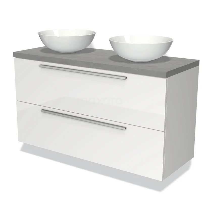 Badmöbel für Waschtischunterschrank mit Konsole 120cm Modulo Plato Hochglanz Weiß 2 Schubladen Flach Hellgrauer Beton Platte BMK17-00603 Weißes Doppelwaschbeckenmöbel mit grauer Platte, modernen Schubladen und keramischen Aufsatzwaschbecken, ideal für stilvolle Badezimmergestaltung.