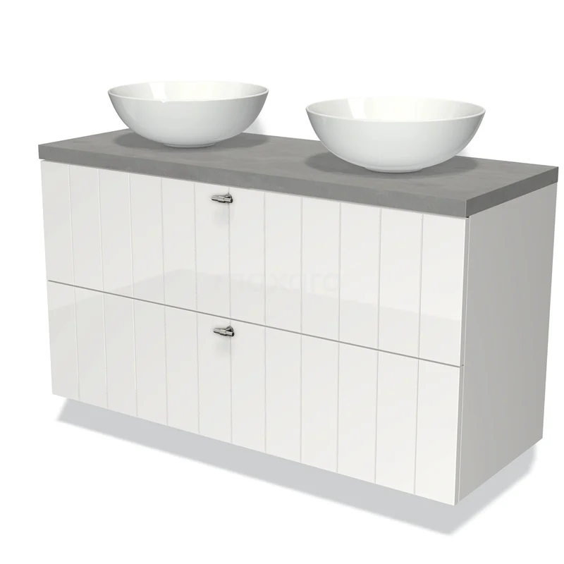 Badmöbel für Waschtischunterschrank mit Konsole 120cm Modulo Plato Hochglanz Weiß 2 Schubladen Lamelle hellgrauer Beton Platte BMK17-00604 Weißes Badezimmermöbel mit Doppelwaschbecken, grauer Arbeitsplatte und Softclose-Schubladen, ideal für moderne Badezimmergestaltung.