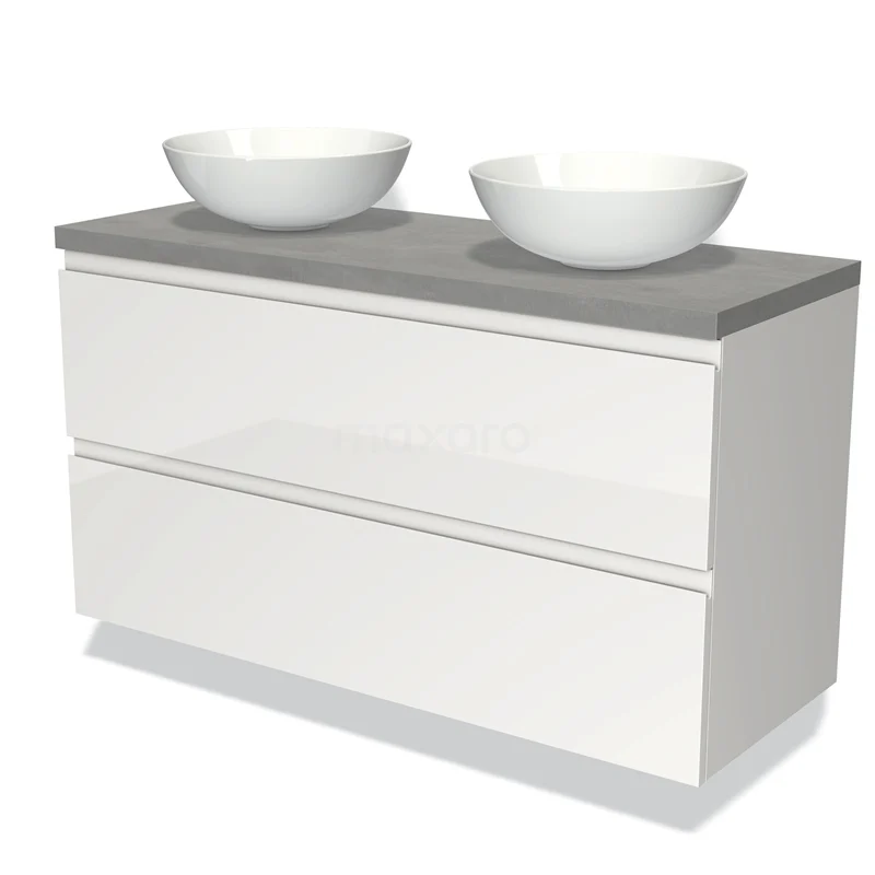 Modulo Plato Vanity units for countertop basin | 120 cm High-gloss white Handle-less front Light grey concrete worktop 2 Stacked drawers BMK17-00605