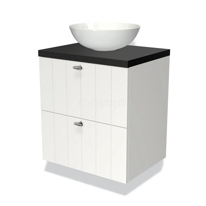 Witte badkamerkast met zwarte bovenblad en ronde opzetwaskom, modern design in houtlook, ideaal voor badkameropslag.