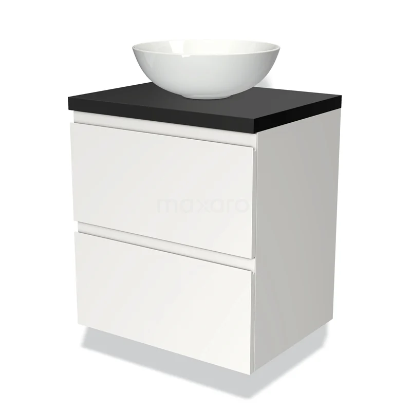 Wit badkamermeubel met twee lades, zwart blad en ronde wastafel, perfect voor een moderne badkamerstijl.