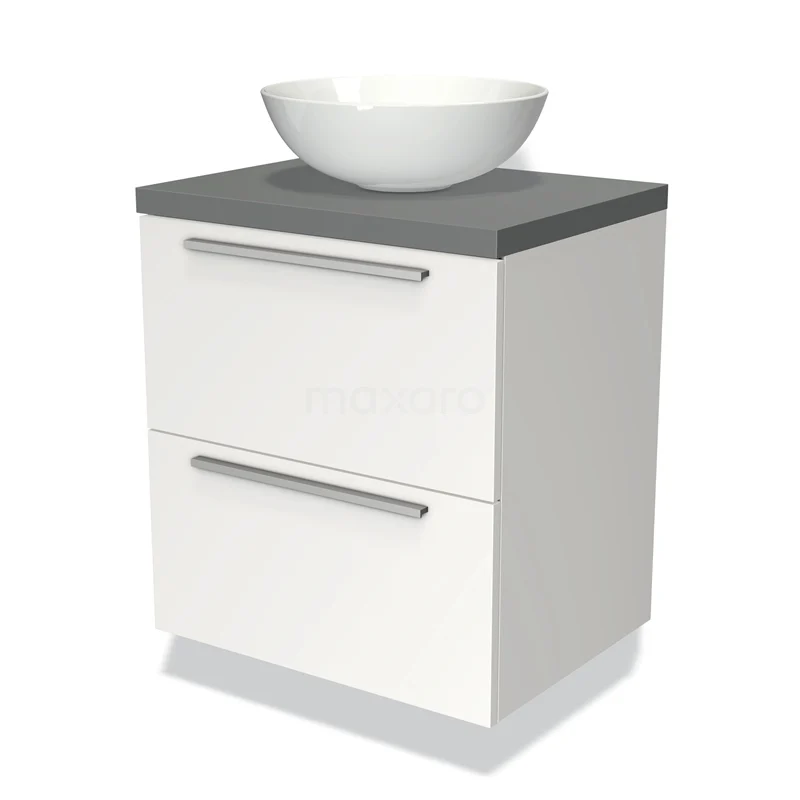Wit badkamermeubel met twee lades, grijs blad en ronde waskom, modern design, ideaal voor compacte badkamers.