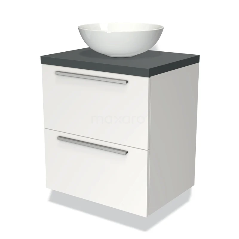 Badmöbel für Waschtischunterschrank mit Konsole 60cm Modulo Plato Matt Weiß 2 Schubladen Flach Dunkelgrau Platte BMK17-00618 Weißes Holz Badezimmermöbel mit schwarzer Oberseite und rundem keramischen Aufsatzwaschbecken, modernes Design, zwei Schubladen.