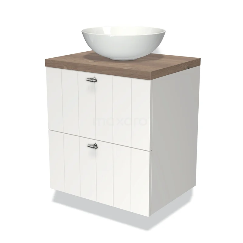 Wit badmeubel met houtlook blad, ronde keramische waskom en twee lades, ideaal voor een moderne badkamer inrichting.