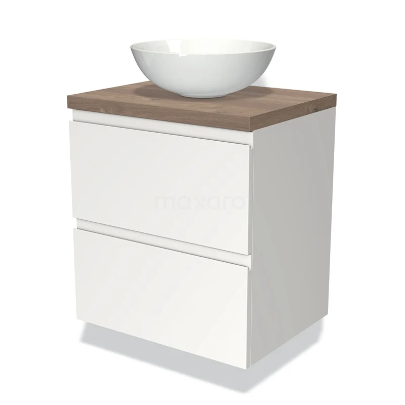 Wit badmeubel met houtlook blad, keramische waskom en twee lades; ideaal voor een moderne badkamer inrichting.