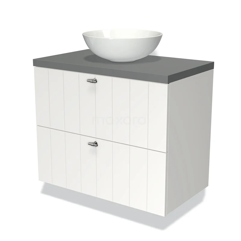 Badmöbel für Waschtischunterschrank mit Konsole 80cm Modulo Plato Matt Weiß 2 Schubladen Latten Mittelgrau Platte BMK17-00652 Weißes Badezimmermöbel mit grauer Platte und integrierter weißer schalenförmiger Waschbecken, aus Holz mit subtilen Paneeltüren.