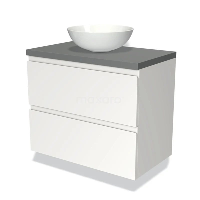 Badmöbelunterschrank mit Konsole 80cm Modulo Plato Matt Weiß 2 Schubladen Grifflos Mittelgrau Platte BMK17-00653 Weißes hängendes Badmöbel mit zwei Schubladen, grauer Steinplatte und rundem weißen Aufsatzwaschbecken; modernes Design, ideal für kleine Bäder.