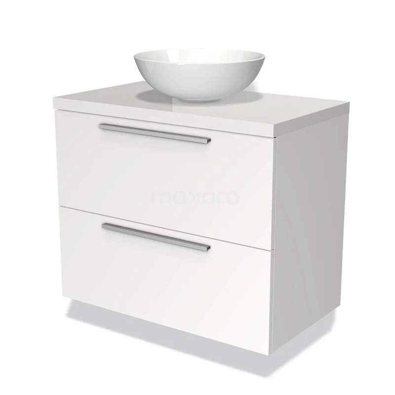 Waschtischunterschrank mit Konsole 80cm Modulo Plato Matt Weiß 2 Schubladen Flach Hochglanz Weiß Platte BMK17-00654 Weißes Badezimmermöbel mit zwei Schubladen, metallischen Haltegriffen und einem runden Aufsatzwaschbecken, schlichtes und modernes Design.