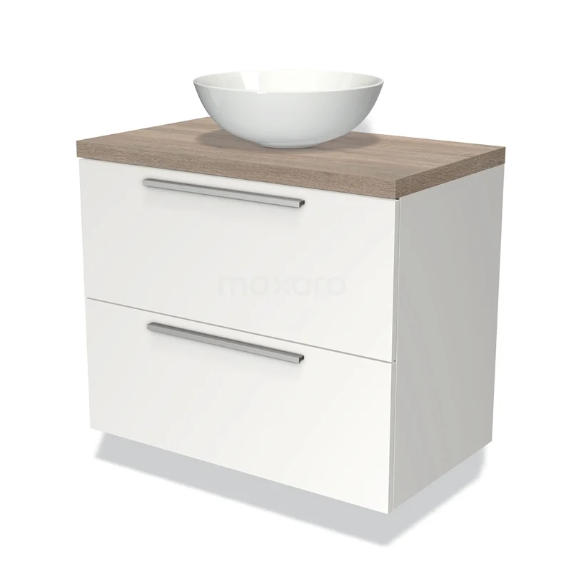 Witte badkamerkast met houtlook blad, twee lades en keramische waskom; stijlvol en functioneel design voor moderne badkamers.