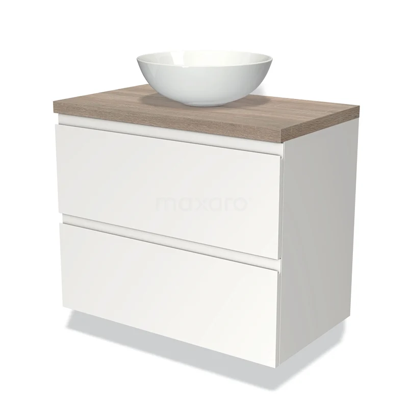 Wit badkamermeubel met houten blad, keramische ronde waskom, soft-close lades; modern design voor stijlvolle badkamers.