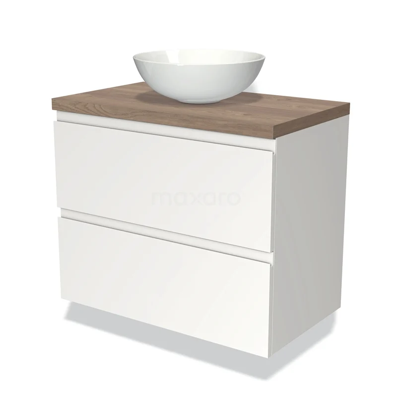 Waschtischunterschrank mit Konsole 80cm Modulo Plato Matt Weiß 2 Schubladen Grifflos mittelbraune Eiche Platte BMK17-00674 Weißes Badezimmermöbel mit holzfarbener Platte und integrierter schalenförmiger Waschbecken, modernes Design aus der Premium-Serie.