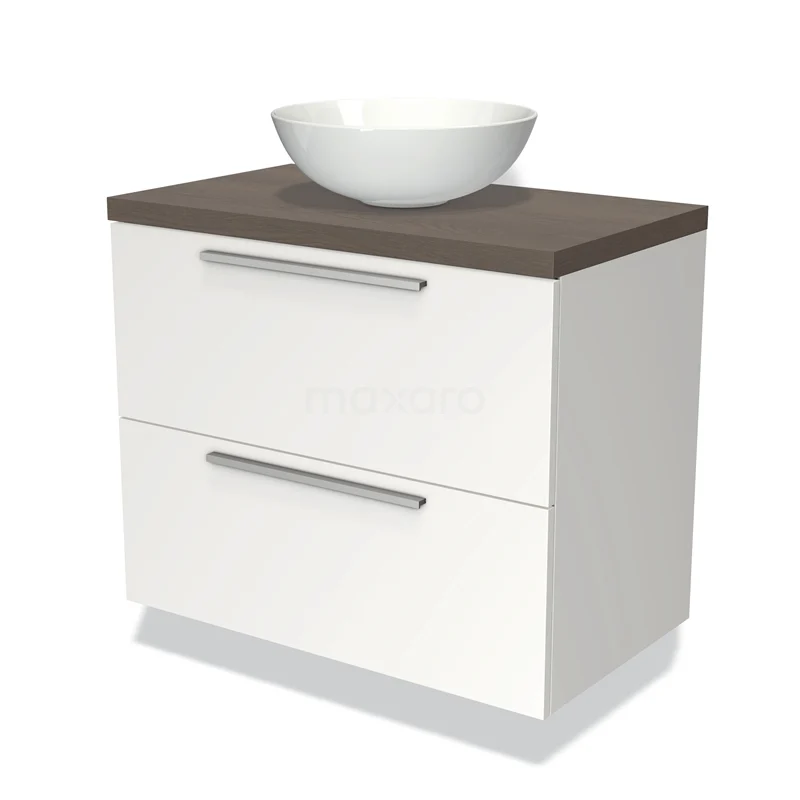 Waschtischunterschrank mit Konsole 80cm Modulo Plato Matt Weiß 2 Schubladen Flach dunkelbraune Eiche Platte BMK17-00675 Weißes Badezimmermöbel mit Holzlook Platte und rundem Aufsatzwaschbecken, zwei Schubladen mit silberfarbenen Griffen, modernes Design.