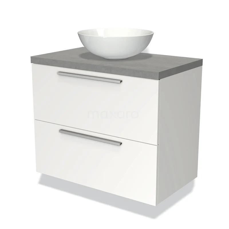 Badmöbel für Aufsatzwaschbecken 80cm Modulo Plato Matt Weiß 2 Schubladen Flach Hellgrauer Beton Platte BMK17-00681 Weißes Badezimmermöbel mit grauer Platte, runder weißer Aufsatzwaschbecken und zwei Schubladen, modernes Design, ideal für kompakte Bäder.