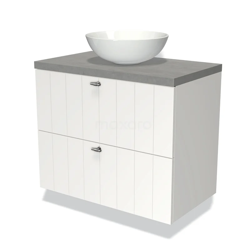 Badmöbel für Waschtischunterschrank mit Konsole 80cm Modulo Plato Matt Weiß 2 Schubladen Lamelle hellgrauer Beton Platte BMK17-00682 Weißes Badezimmermöbel mit modernem Aufsatzwaschbecken, grauer Platte und zwei Schubladen in Holzoptik; ideal für stilvolle Badezimmerlagerung.