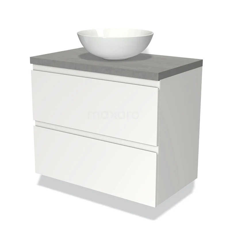 Waschtischunterschrank mit Konsole 80cm Modulo Plato Matt Weiß 2 Schubladen Grifflos hellgrauer Beton Platte BMK17-00683 Weißes Badezimmermöbel mit grauer Holzplatte, modernes Design, zwei Schubladen und einem runden Aufsatzwaschbecken, perfekt für ein stilvolles Badezimmer.