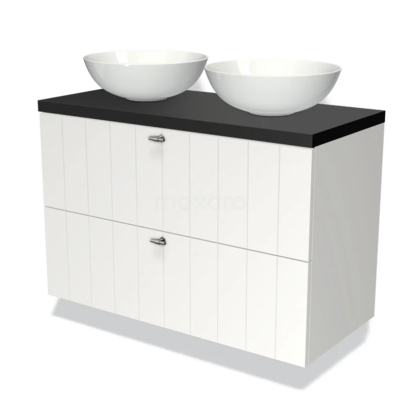 Badmöbel für Waschtischunterschrank mit Konsole 100cm Modulo Plato Matt Weiß 2 Schubladen Lamelle Matt Schwarz Platte BMK17-00688 Weißes Badezimmermöbel mit schwarzer Platte, zwei keramischen Aufsatzwaschbecken und horizontalen Paneelen. Modernes Design für das Badezimmer.