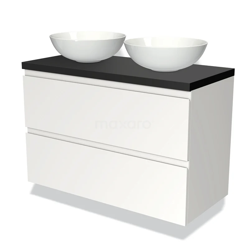 Badmöbelunterschrank mit Konsole 100cm Modulo Plato Matt Weiß 2 Schubladen Grifflos Matt Schwarz Platte BMK17-00689 Weißes schwebendes Badmöbel mit zwei runden Aufsatzwaschbecken und schwarzer Platte, ideal für einen modernen Badezimmerstil.