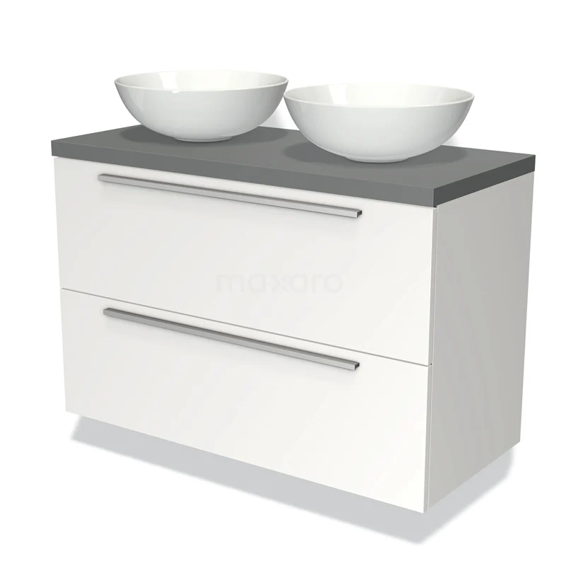 White bathroom unit with grey worktop, two ceramic countertop wash basins and metal handles, modern design.