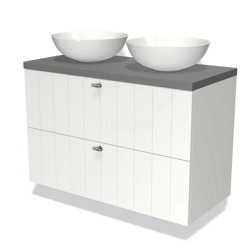 White vanity unit with wood-look panels, grey worktop and double round countertop wash basins; stylish bathroom design.