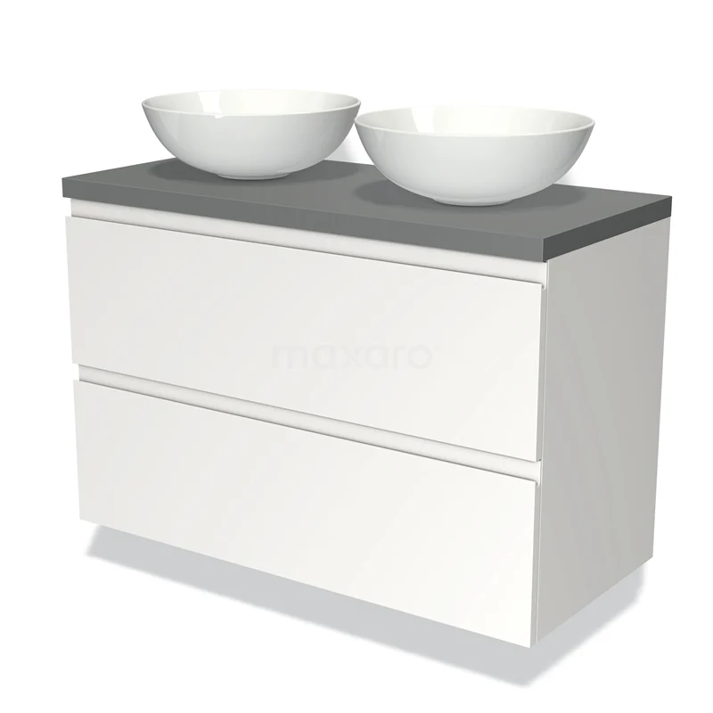 White double vanity unit with anthracite worktop and two surface-mounted bowls, sleek design for modern bathrooms.