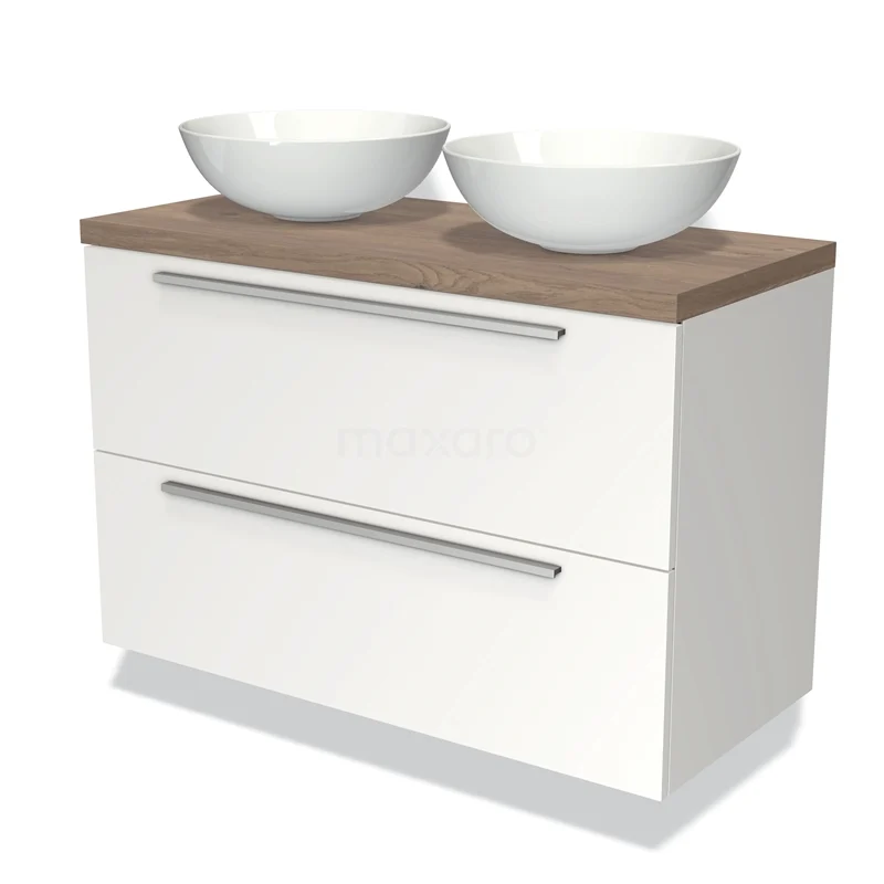 Badmöbel für Aufsatzwaschbecken 100cm Modulo Plato Matt Weiß 2 Schubladen Flach Mittelbraune Eiche Platte BMK17-00711 Weißes Badezimmermöbel mit Holzplatte und zwei Waschbecken, modernes Design, ideal für eine stilvolle Badezimmergestaltung.