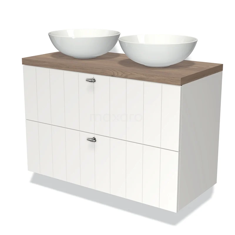 Badmöbel für Aufsatzwaschbecken 100cm Modulo Plato Matt Weiß 2 Schubladen Laminat Mittelbraune Eiche Platte BMK17-00712 Weißes Badezimmermöbel mit Holzlook Platte, doppelten Aufsatzwaschbecken und vertikalen Linien; stilvolles und praktisches Design.