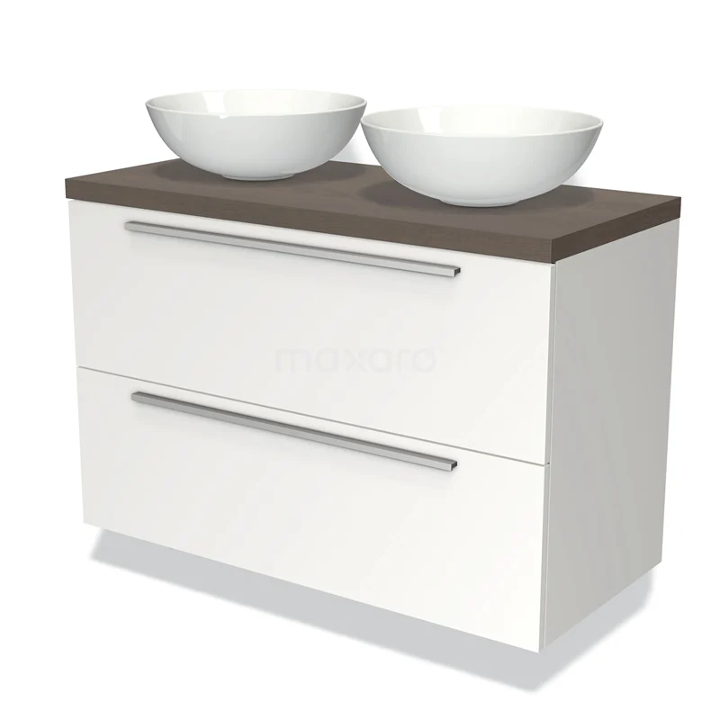 White bathroom unit with two ceramic countertop wash basins, wooden worktop and modern design drawers for stylish bathroom storage.