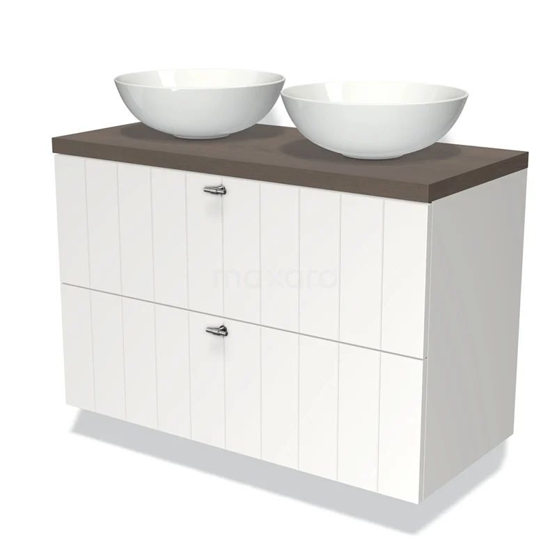 White bathroom unit with wood-look top, two round countertop wash basins, and drawers with ribbed pattern; stylish and practical design.