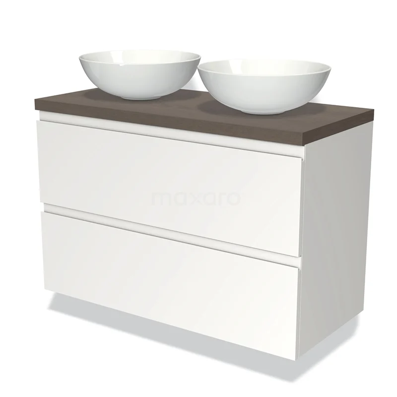 White vanity set with wood-look worktop and double countertop wash basins, ideal for modern bathroom design.