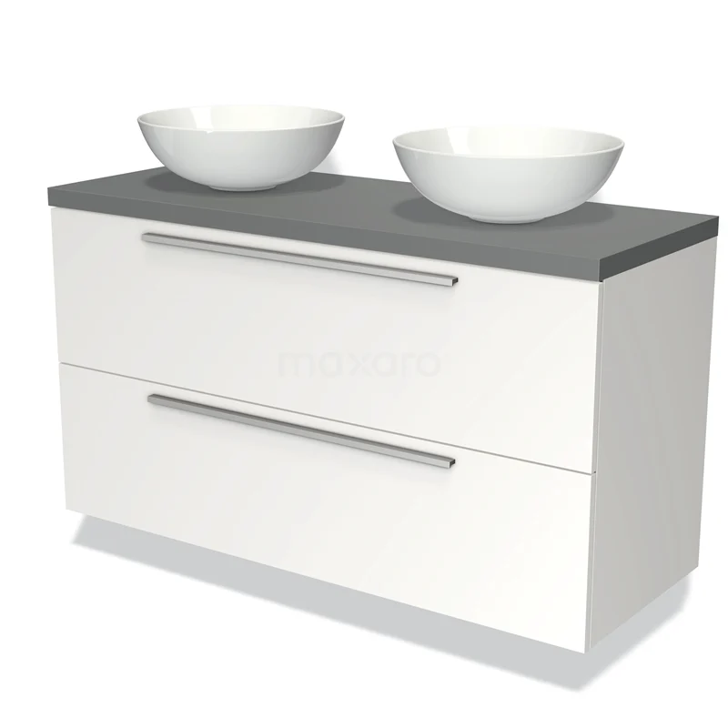 Wit badkamermeubel met grijze bovenkant, dubbele waskommen en metalen handgrepen, strak design voor moderne badkamers.
