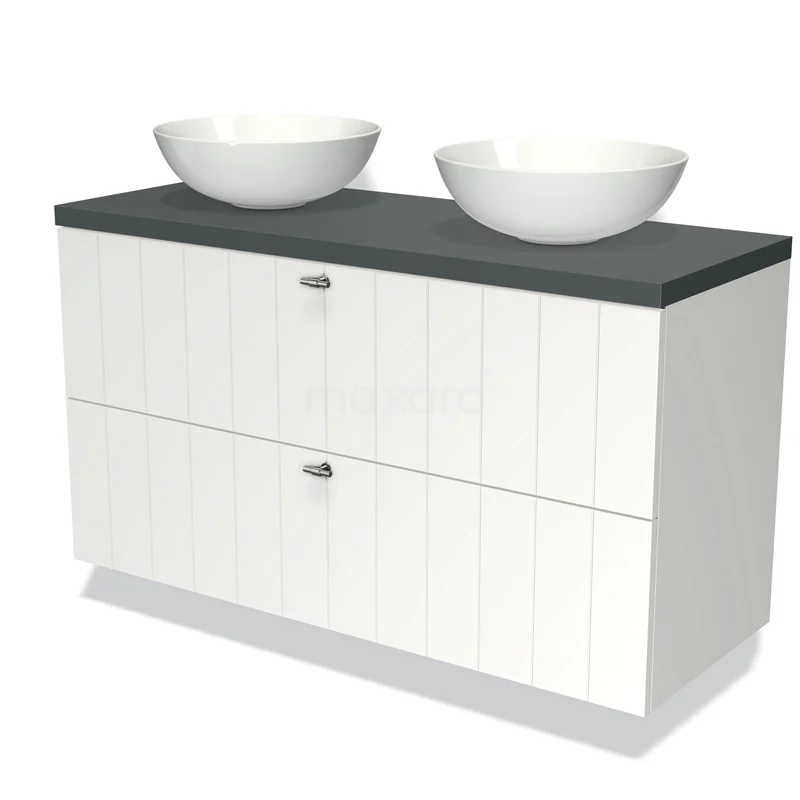 Badmöbel für Waschtischunterschrank mit Konsole 120cm Modulo Plato Matt Weiß 2 Schubladen Lamelle Dunkelgrau Platte BMK17-00736 Weißes Doppelwaschtischmöbel mit ländlichen Paneelen, anthrazitfarbenem Platte und zwei runden Aufsatzwaschbecken, ideal für ein modernes Badezimmer.