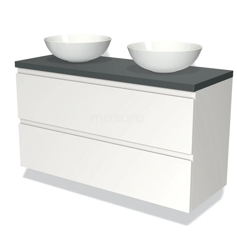 Waschtischunterschrank mit Konsole 120cm Modulo Plato Matt Weiß 2 Schubladen Grifflos Dunkelgrau Platte BMK17-00737 Weißes Badezimmermöbel mit zwei runden Waschbecken, Dunkelgrau Platte und Schubladen-Design, ideal für eine moderne Badezimmer Einrichtung.