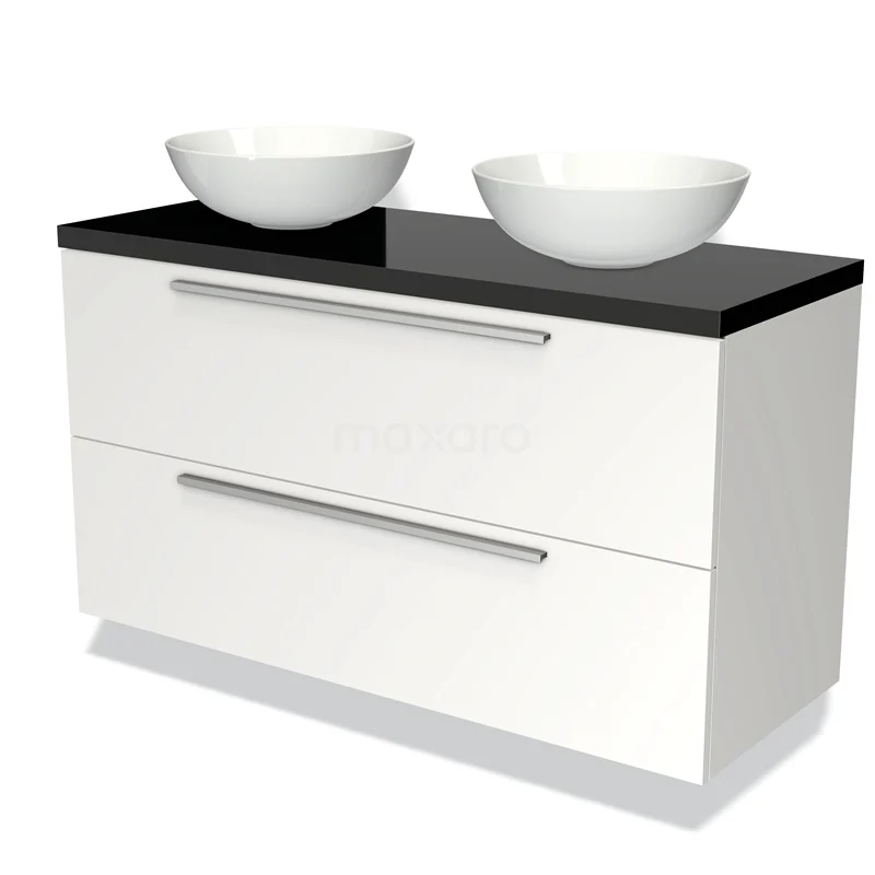 Badmöbelunterschrank mit Konsole 120cm Modulo Plato Matt Weiß 2 Schubladen Flach Hochglanz Schwarz Platte BMK17-00738 Weißes Badezimmermöbel mit schwarzer Platte, zwei runden keramischen Waschbecken, schlichten Schubladen und modernem Design.