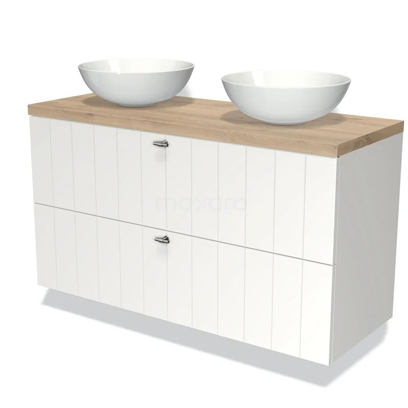 Modulo Plato Vanity units for countertop basin | 120 cm Matte white Slat front Light brown oak worktop 2 Stacked drawers BMK17-00748