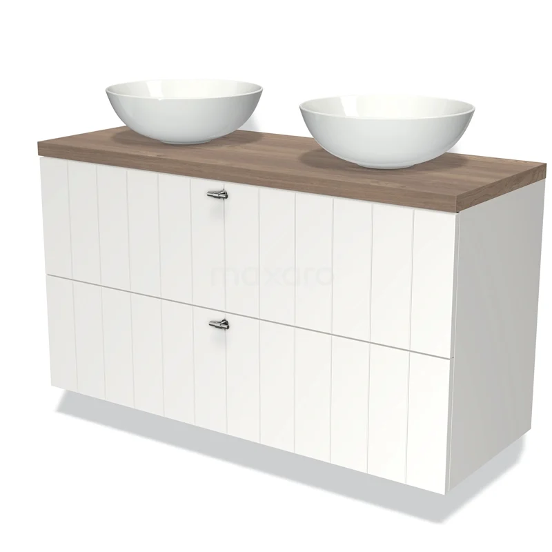 Modulo Plato Vanity units for countertop basin | 120 cm Matte white Slat front Mid brown oak worktop 2 Stacked drawers BMK17-00751
