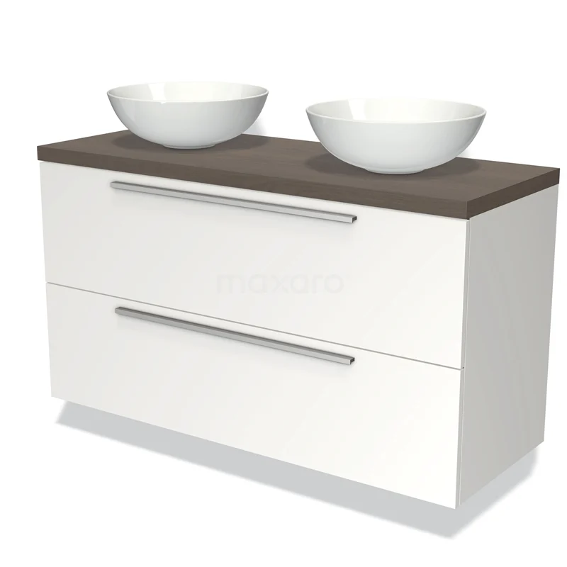 Modulo Plato Vanity units for countertop basin | 120 cm Matte white Flat front Dark brown oak worktop 2 Stacked drawers BMK17-00753