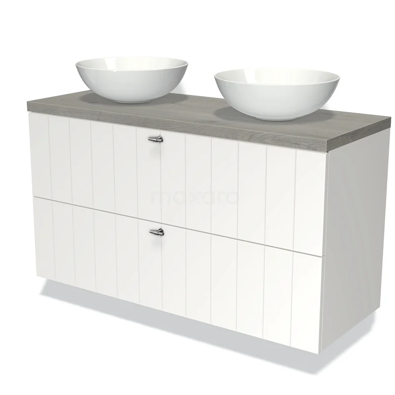 Waschtischunterschrank mit Konsole 120cm Modulo Plato Matt Weiß 2 Schubladen Leiste Graue Eiche Platte BMK17-00757 Weißes Holz-Badmöbel mit grauer Platte und zwei runden Aufsatzwaschbecken, ideal für eine moderne Badezimmer Einrichtung.