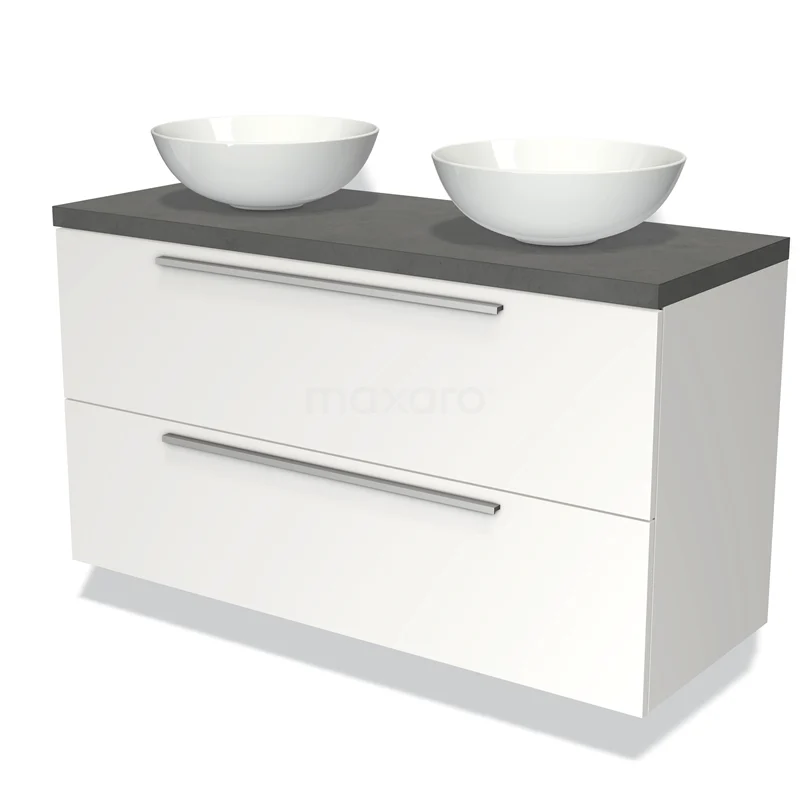 Badmöbel für Waschtischunterschrank mit Konsole 120cm Modulo Plato Matt Weiß 2 Schubladen Flach Dunkelgrau Beton Platte BMK17-00762 Weißes Doppel-Badmöbel mit grauer Arbeitsplatte, zwei runden Waschbecken und silbernen Haltegriffen, modernes Design.