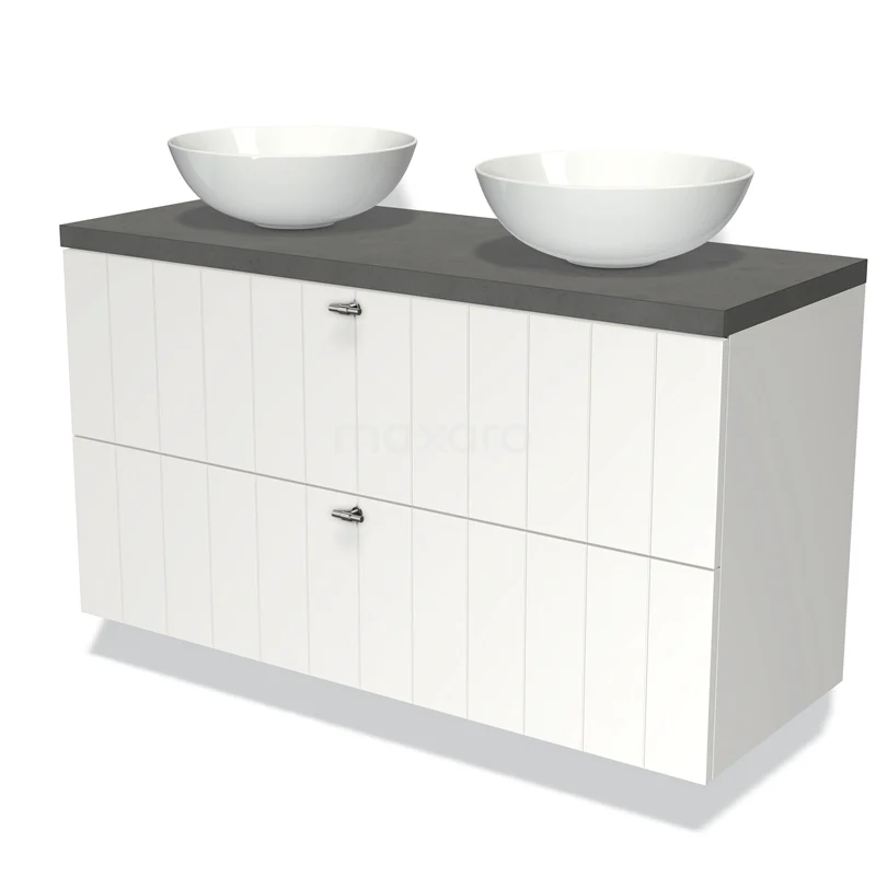 Badmöbel für Waschtischunterschrank mit Konsole 120cm Modulo Plato Matt Weiß 2 Schubladen Lamelle Dunkelgrau Beton Platte BMK17-00763 Weißes Badezimmermöbel mit anthrazitfarbener Platte und zwei runden Aufsatzwaschbecken, moderne Ausstrahlung und vertikalen Holzpaneelen.